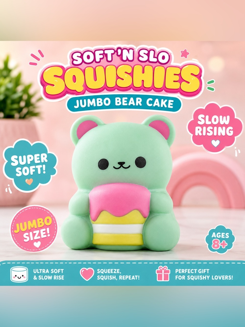 ORB Soft'n Slo Jumbo Bear Squishy Toy - Green & Pink